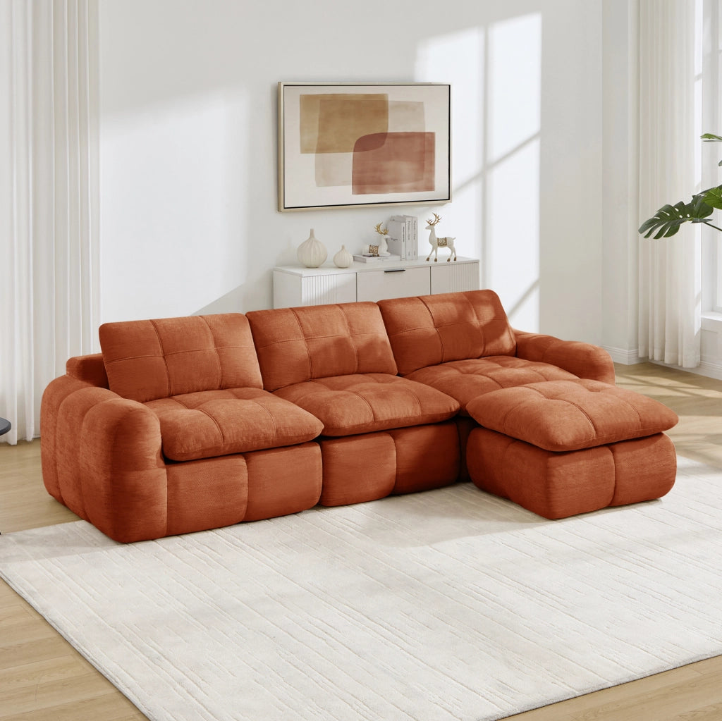 Divano modulare in ciniglia arancione; 264 x 160 x 68 cm