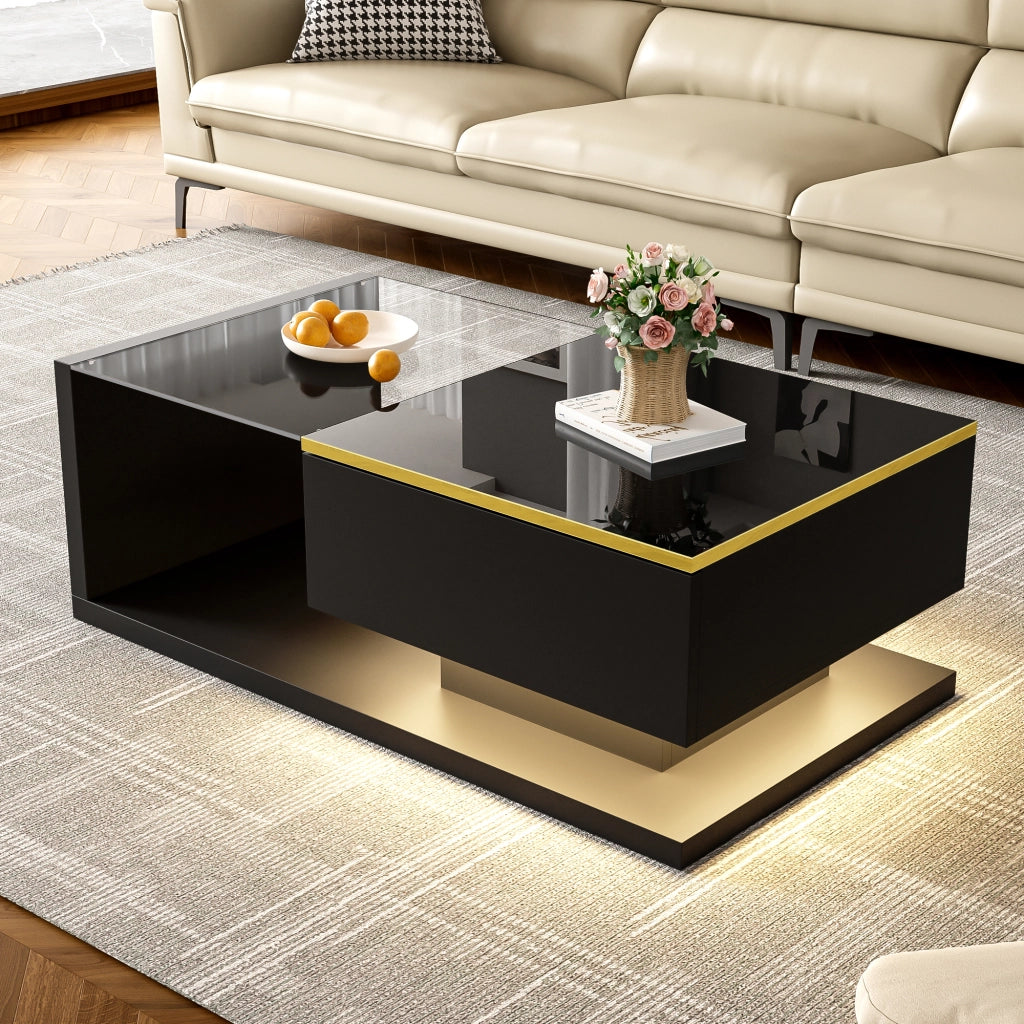 Tavolino da Salotto 90×50×32;5 cm con Piano in Vetro e LED 16 Colori; Nero Lucido; in Pannello truciolare; Nero