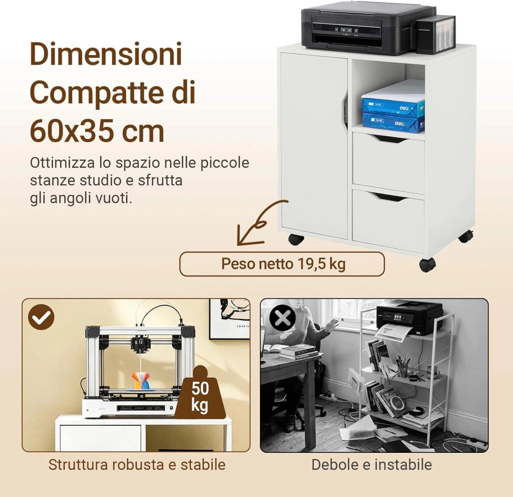 Cassettiera da Scrivania Ufficio su Ruote Cassettiera Ufficio con 2 Cassetti, 1 Anta e 1 Ripiano Aperto Carrello Tavolino Comodino Piccolo Comodino Bianco L60xP35xA70cm FBT105-W