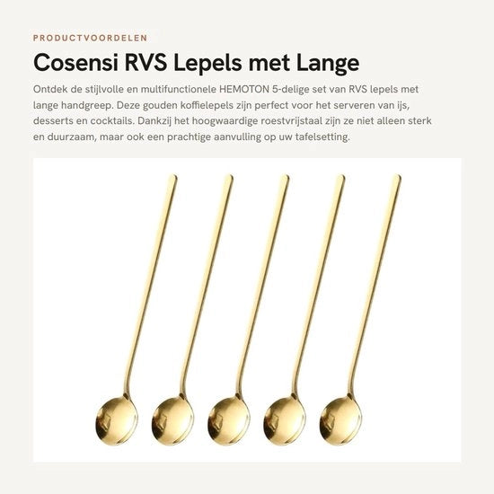 Set di Cucchiai in Acciaio Inossidabile 5 Pezzi - Manico Lungo - Cucchiaio per Sorbetti - Cucchiaio da Tè - Ideali per Desserti - Finitura Oro