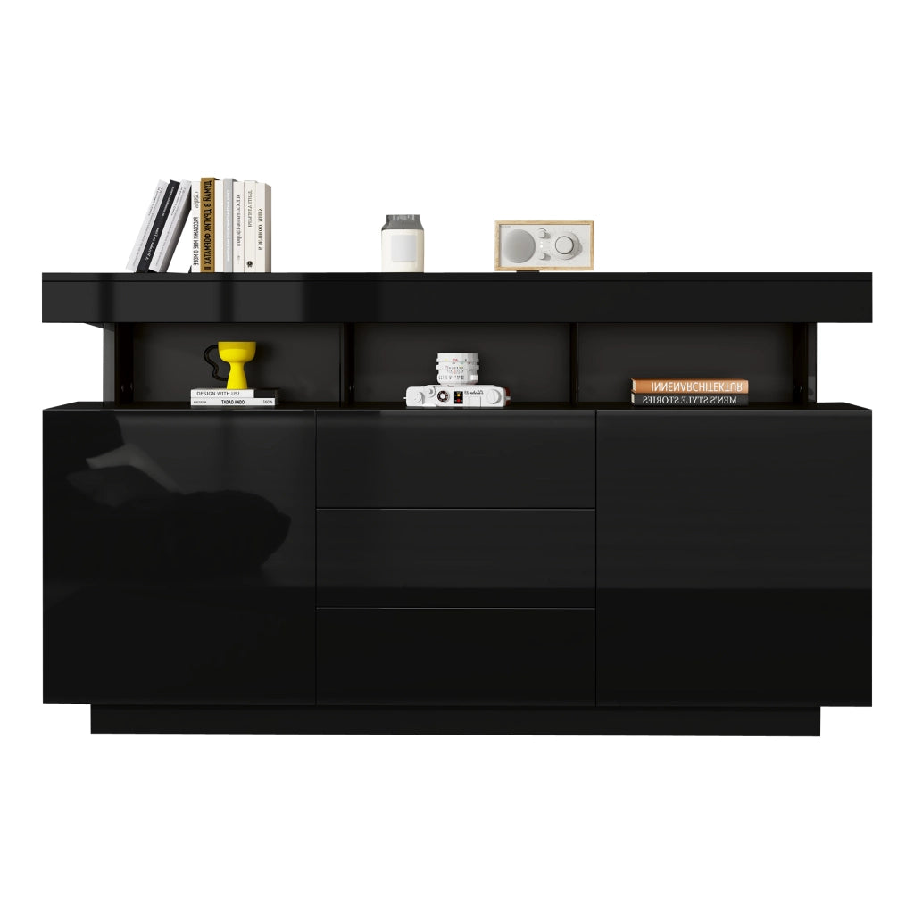 Credenza Moderna Nera Lucida 140 cm con 3 Cassetti e 2 Ante; Mobile Soggiorno con LED