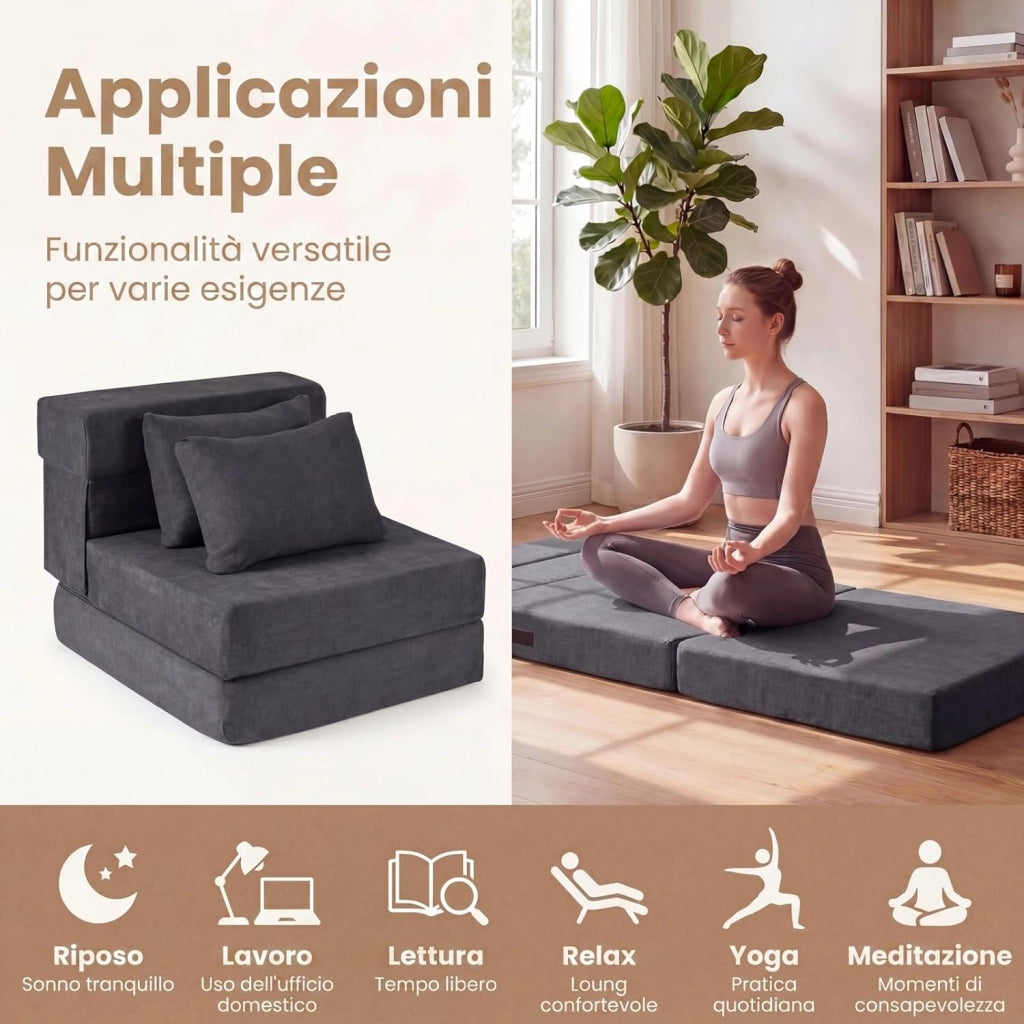 Divano Letto 2 Posti Pieghevole, 3 in 1 Divanetto Trasformabile con 2 Cuscini, Schiuma ad Alta Densità e Rivestimento in Tessuto Chenille, Poltrona Letto per Soggiorno (Grigio,72 x 76 x 58 cm)