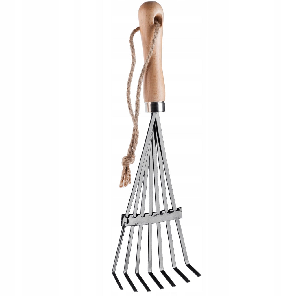Rastrello da giardino in metallo KADAX, piccolo, 37 cm, con manico in legno a forma di ventaglio.