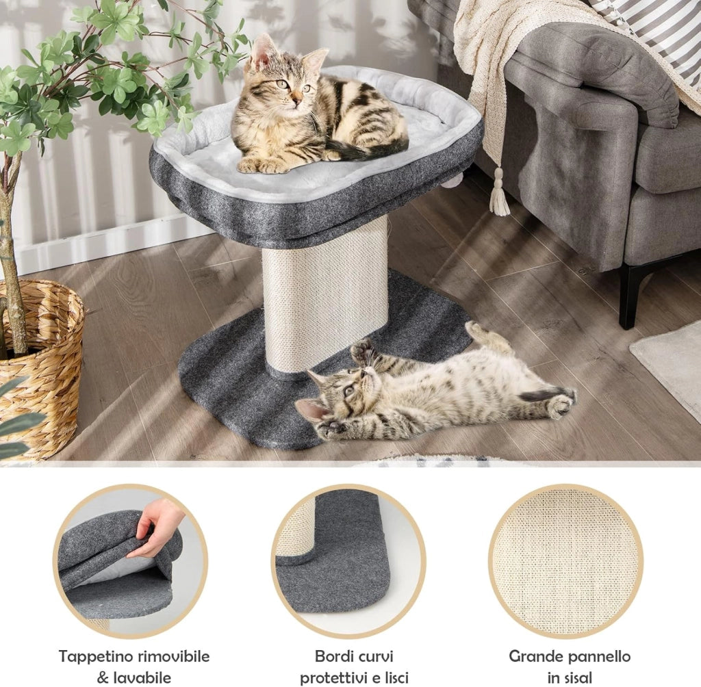 Tiragraffi per Gatti, Albero Tiragraffi Gatto con Grande Cuccia in Peluche e Tiragraffi in Sisal e Palla, Tiragraffi da Divano in Legno per Gatti Piccoli, Portata 20 kg (Grigio)