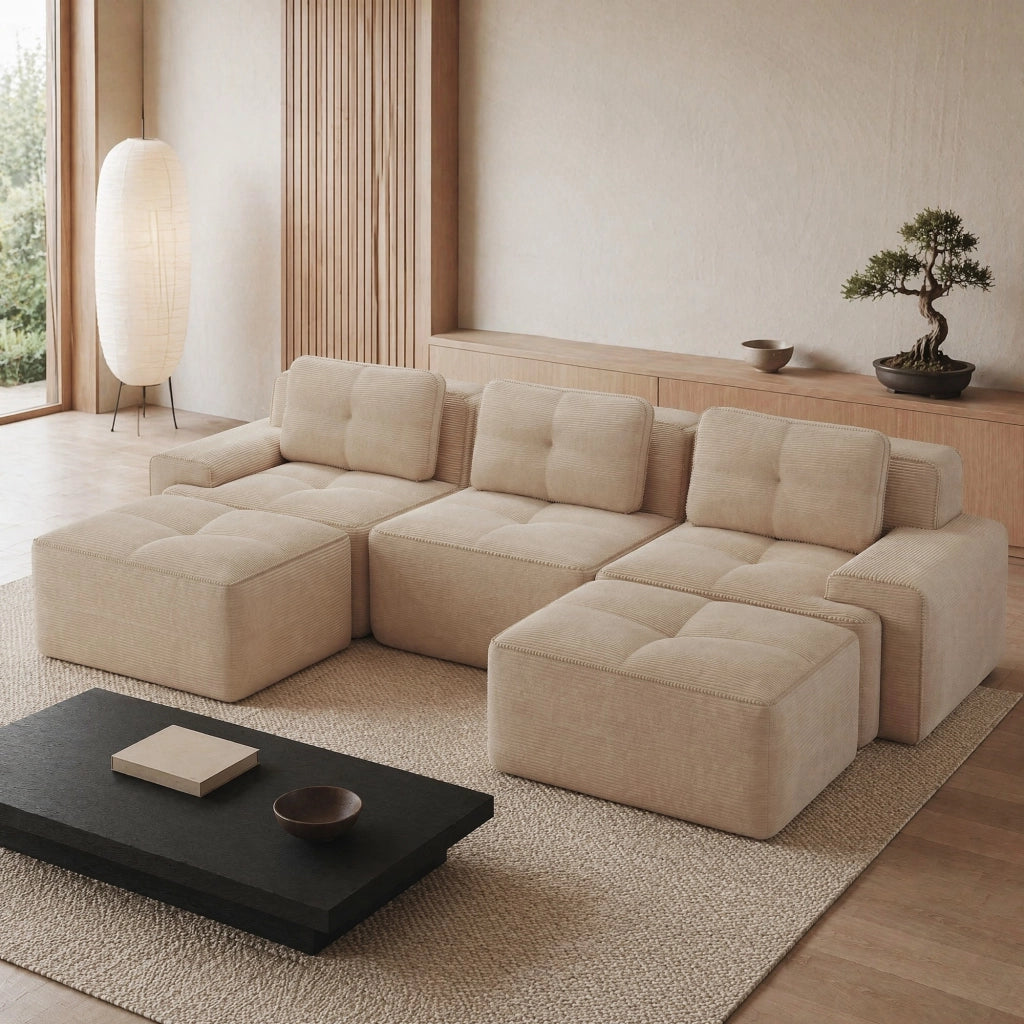 Divano modulare a U in velluto a coste beige con ottomana; 293 x 177 x 69 cm