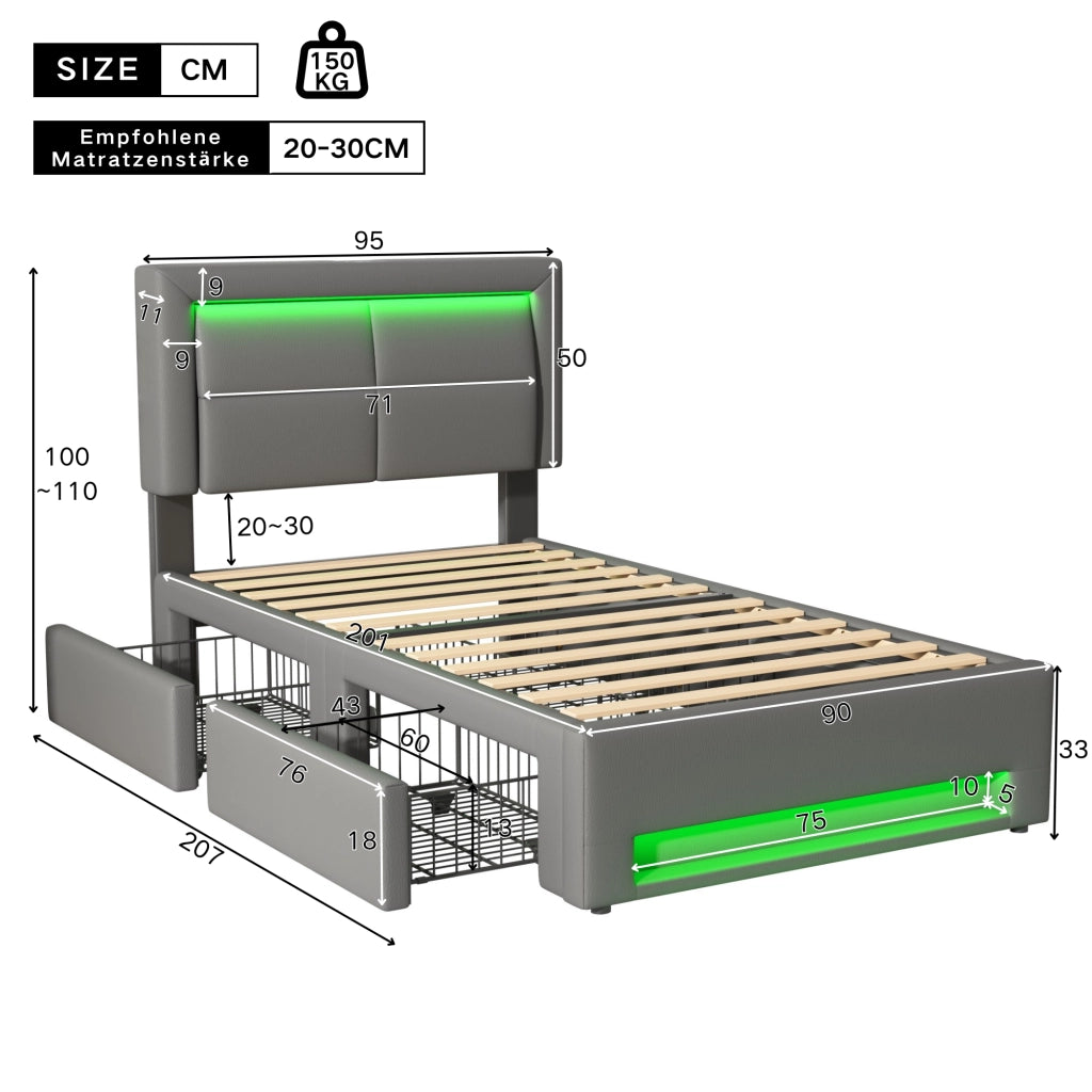 Letto imbottito 90x200 cm in PU grigio con USB, LED e 4 cassetti, senza materasso