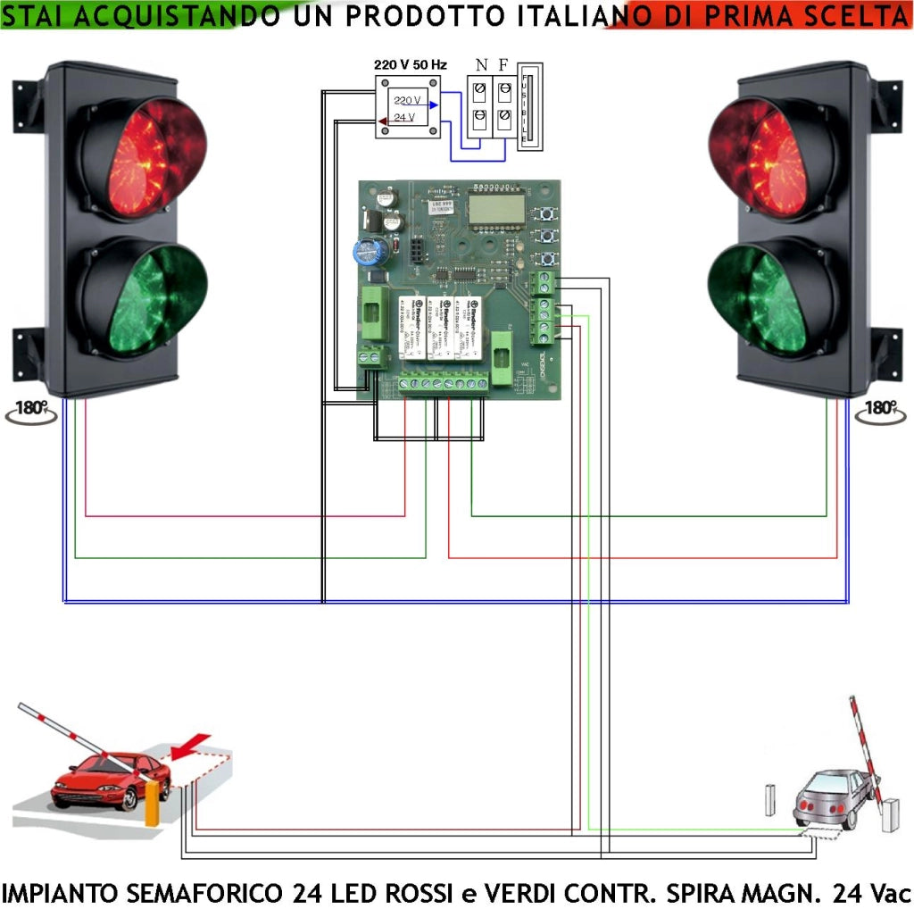 Semaforo Garage 24 Led Rossi 24 Led Verdi Lente Ø 124 mm Orientabili Alimentazione 24 Vac 3 W IP65 Funzioni 2 Sensori Masse Metalliche Rilevano Passaggio e Sosta Veicoli Tempi Regolabili da 8 a 120.