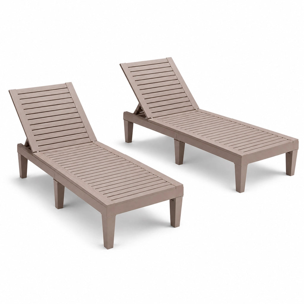 Set 2 Lettini Prendisole Con Schienale Reclinabile 5 Posizioni In Polipropilene Effetto Legno Per Piscina Giardino Spa 190 x 57.5 x 29 Cm Marrone