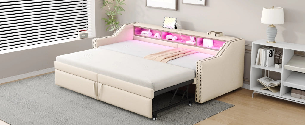 Poltrona letto estraibile 90/180x200 cm con vani laterali, USB, struttura imbottita beige