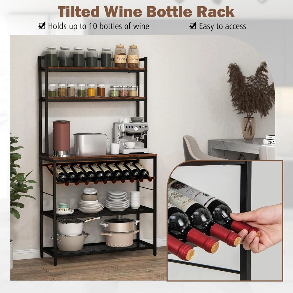 Scaffale portaoggetti industriale a 6 livelli, mobile da cucina con porta bottiglia di vino, dispositivo anti-ribaltamento, supporto per microonde per soggiorno, cucina, sala da pranzo