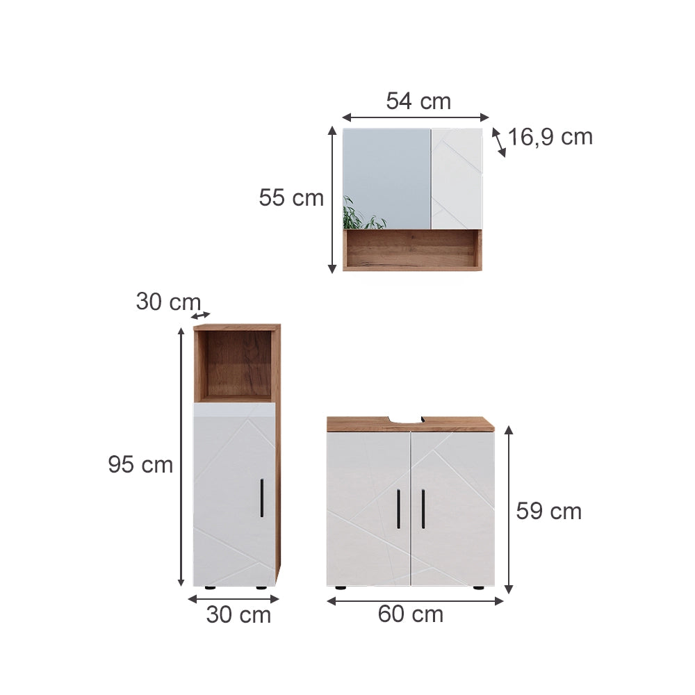 Vicco Set di mobili da bagno Bianco lucido/oro power oak 3 parti