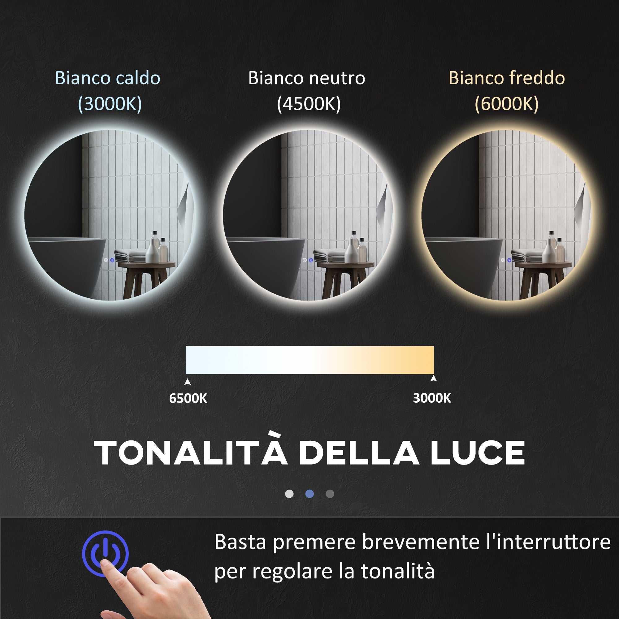 Specchio Bagno Rotondo Ø70 cm con Luci LED  3 Tonalità Interruttori Touch e Design Antiappannamento