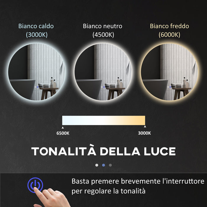 Specchio Bagno Rotondo Ø70 cm con Luci LED  3 Tonalità Interruttori Touch e Design Antiappannamento