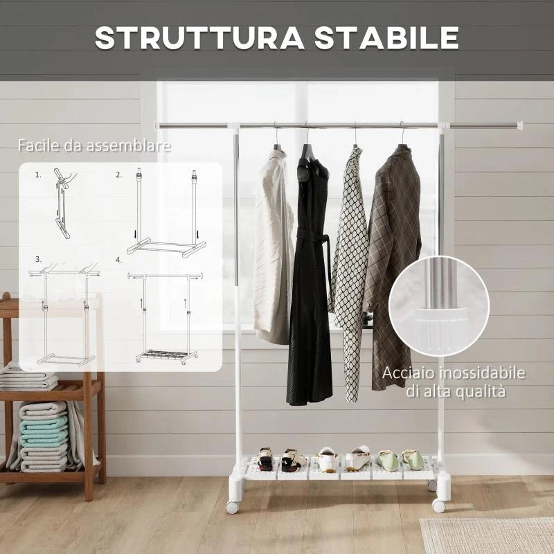 STENDIBIANCHERIA ESTENSIBILE CON RUOTE E FRENO, RIPIANO PORTA SCARPE E STRUTTURA IN ACCIAIO INOX, BIANCO
