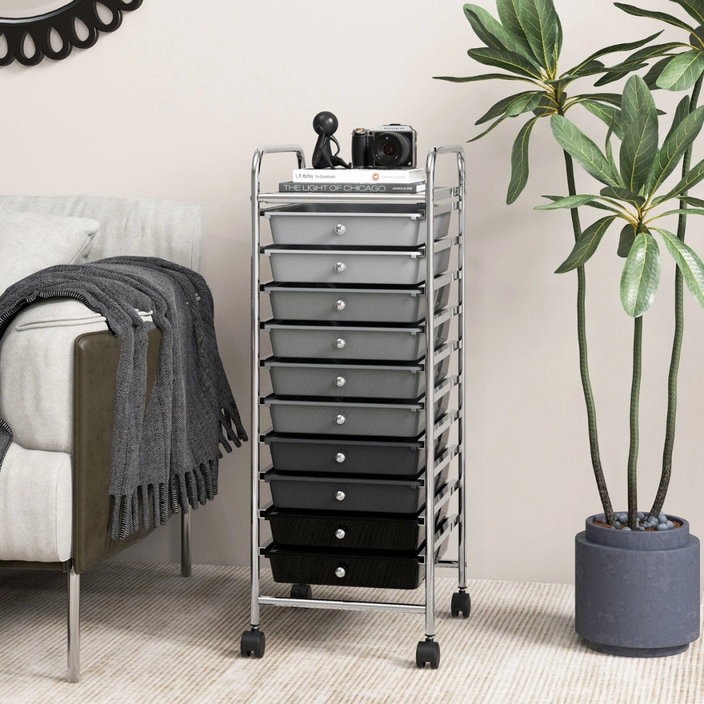 Carrello cassettiera multiuso con 10 cassetti da cucina-Contenitore con ruote a 10 ripiani per bagno Grigio