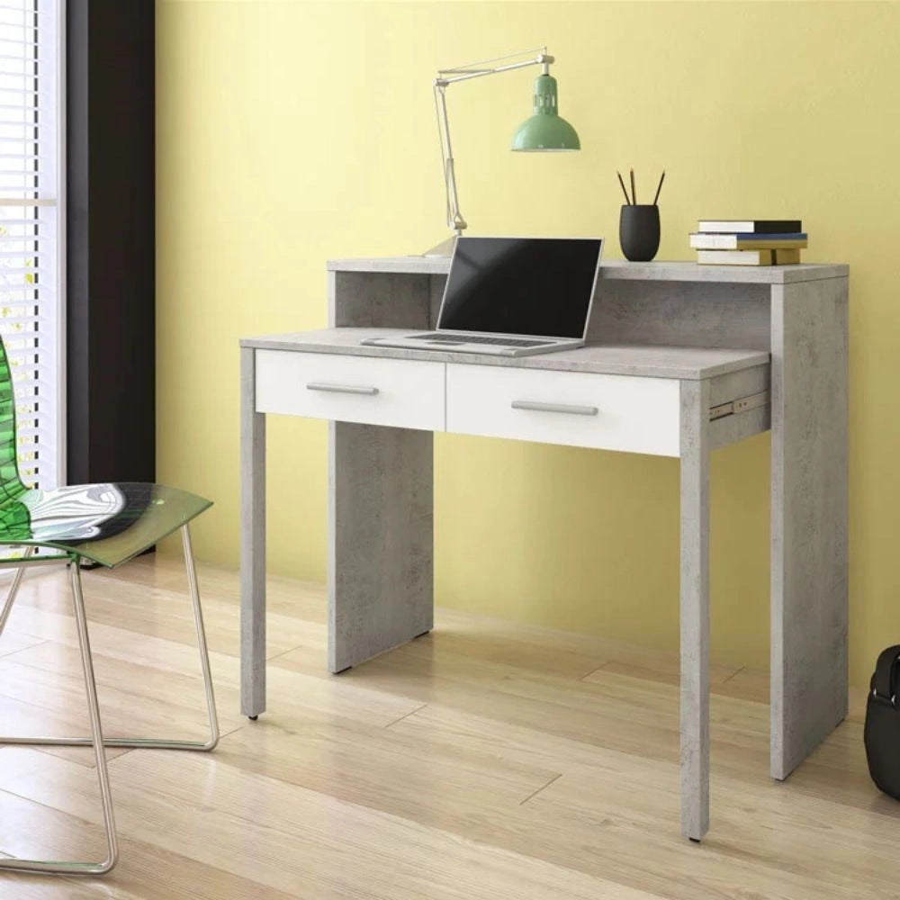 Scrivania Scrivia con piano a scomparsa con due cassetti colore cemento e bianco rustica