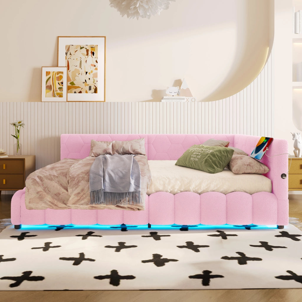 Letto a Divanetto 140x200 cm con Contenitore; LED; USB; Type-C; in Velluto Rosa