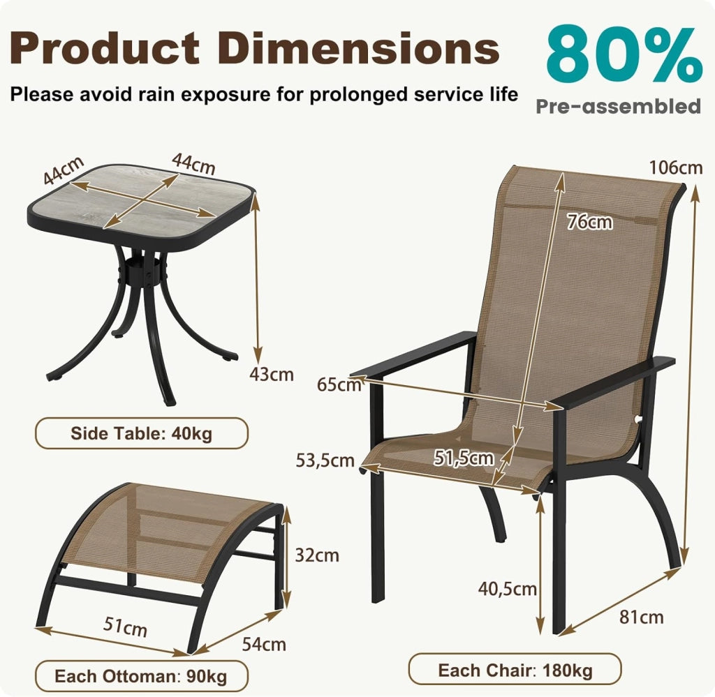 Set di Mobile da Giardino in 5 Pezzi, Set Tavolo e Sedie da Balcone in Tessuto Textilene, Set da Bistrò con Tavolo, 2 Sedie Adirondack e 2 Poggiapiedi per Terrazza, Bordo di Piscina, Marrone