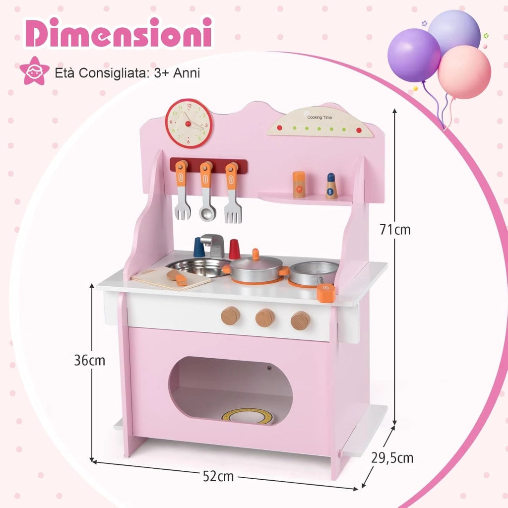 Cucina Giocattolo in Legno per Bambini, Set Gioco di Finzione con Orologio, Fornello, Porta Spezie e Accessori Completi, per Bambini 3+ Anni, 52 x 29,5 x 71 cm (Rosa + Bianco)
