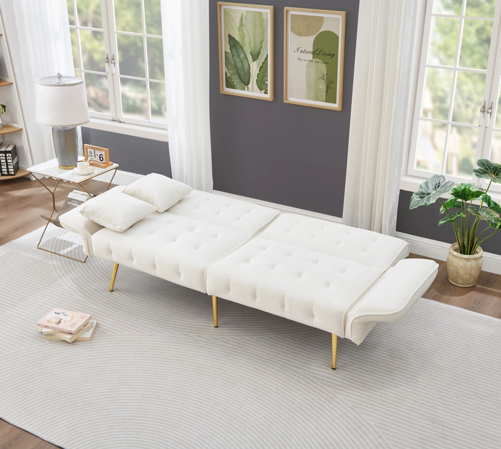 OKWISH Divano Letto 2 Posti, Schienale Regolabile e Braccioli Multi Posizione, con Cuscini, Velluto, Bianco Antico
