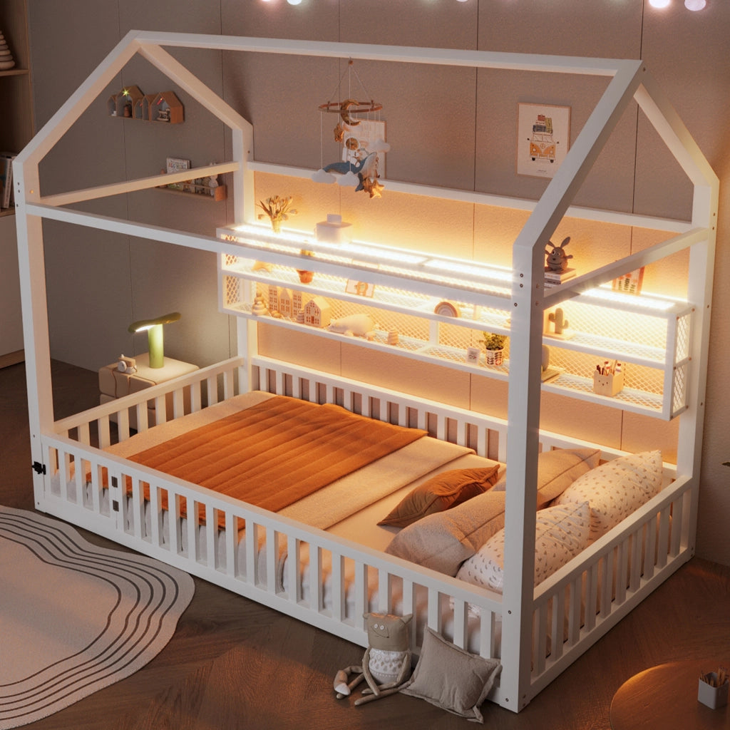 Letto singolo a piattaforma 90x200 cm a forma di casa con barriera e LED bianco