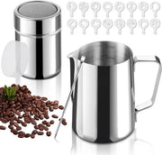 Pitcher per crema di latte 12oz/350 ml, Pitcher in acciaio inossidabile per vapore per caffè latte cappuccino arte del latte, Shaker in acciaio inossidabile per polvere con coperchio
