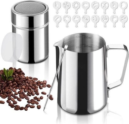 Pitcher per crema di latte 12oz/350 ml, Pitcher in acciaio inossidabile per vapore per caffè latte cappuccino arte del latte, Shaker in acciaio inossidabile per polvere con coperchio