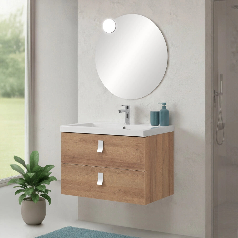 Mobile bagno sospeso 80 cm in rovere chiaro con lavabo e specchio tondo Bravo