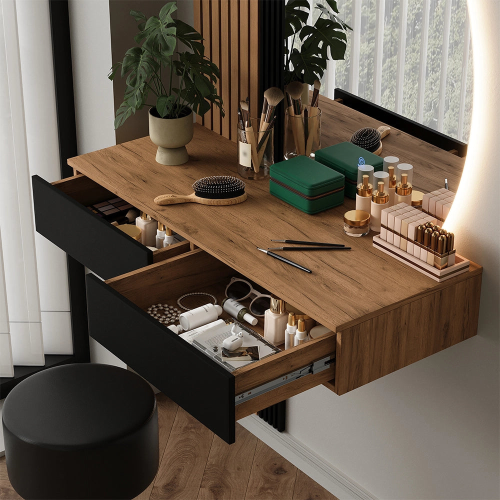 Vicco Tavolo da toeletta Quercia/nero 100 cm con specchio LED e sgabello
