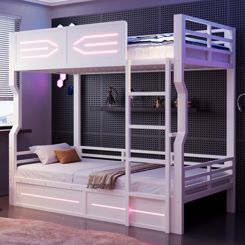 Letto a castello per bambini 90x200 cm con striscia LED; linee moderne e parapetti alti; metallo bianco