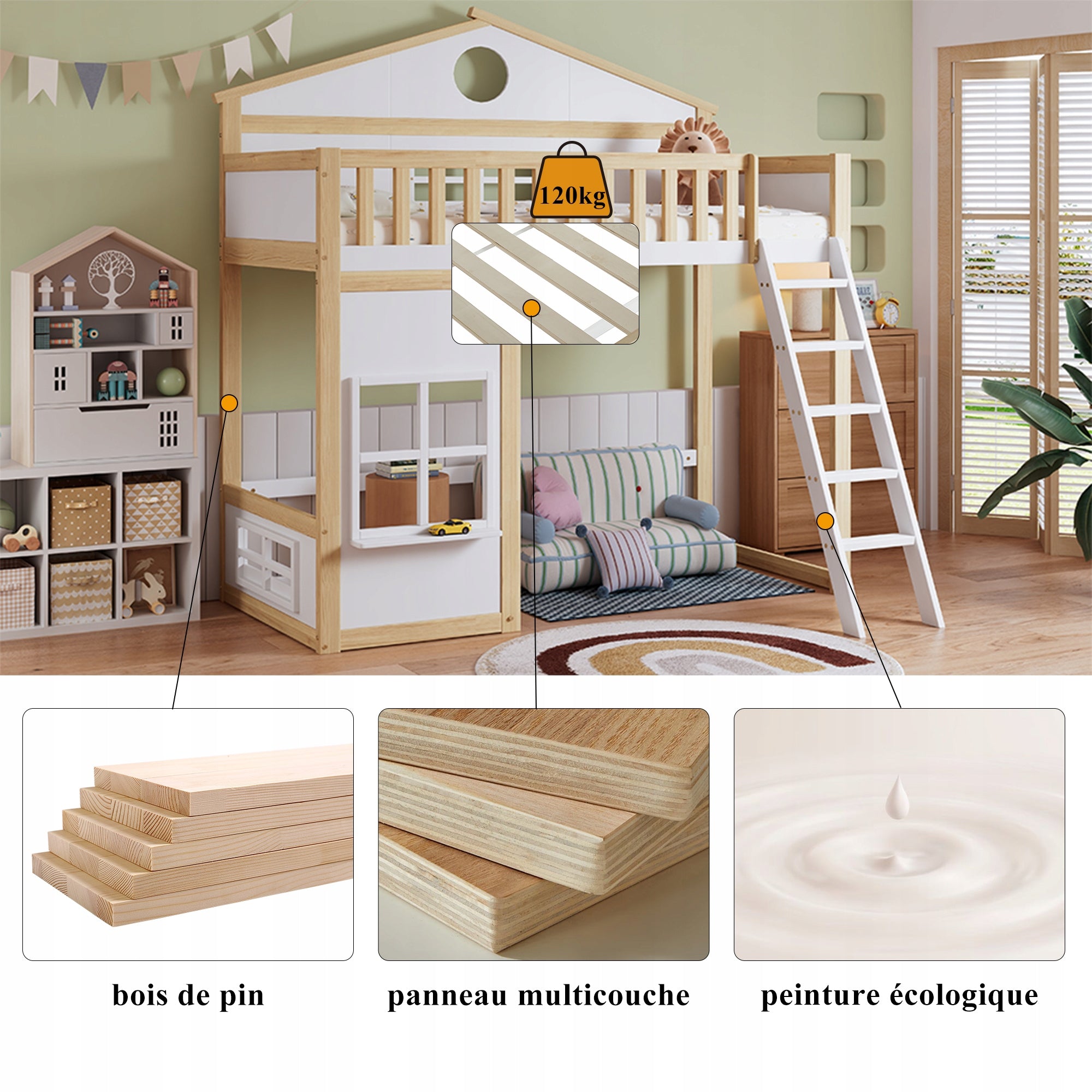 Letto a castello con tetto - Xylo - 90x200 - Bianco+Legno