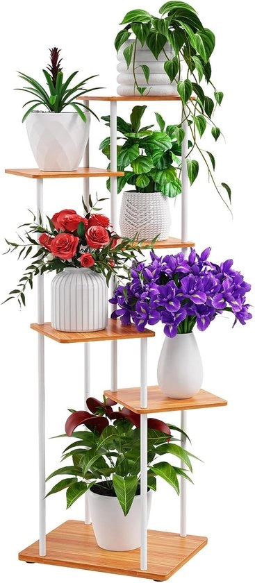 Scaffale per piante - 6 livelli - bianco - metallo e legno - 30 x 39 x 112 cm