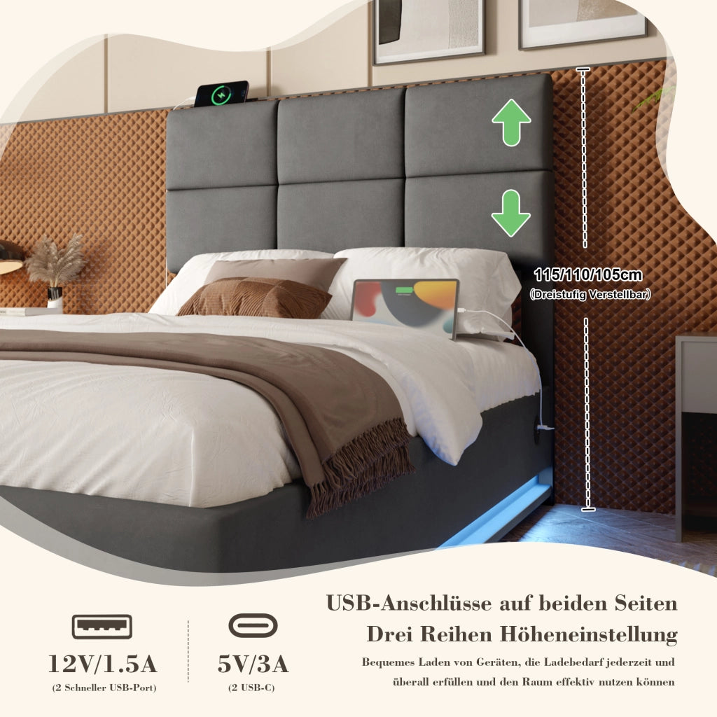 OKWISH Letto Contenitore 90×200 cm, Letto Singolo con USB, Tipo C, LED Regolabile e Testiera Regolabile, senza Materasso, in Velluto, Grigio Scuro