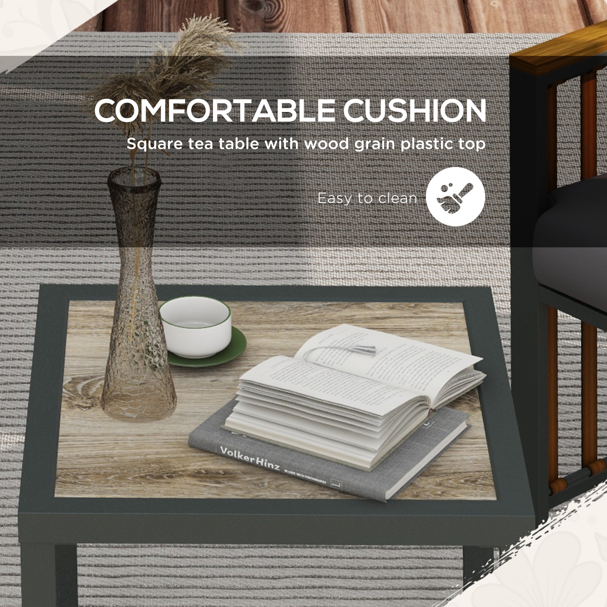 Set Tavolino e 2 Sedie da Giardino  in Acciaio e Rattan Grigio