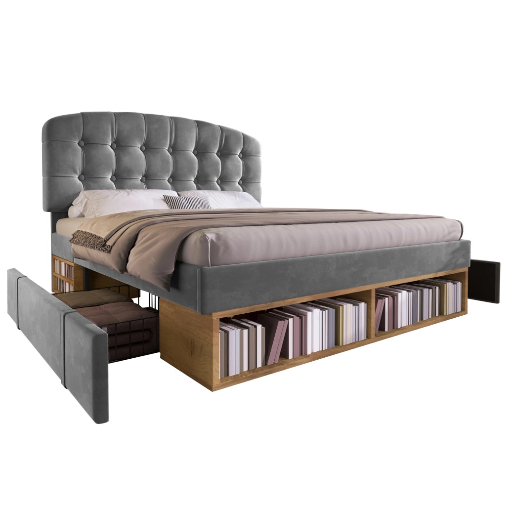 Letto matrimoniale – 140x200 cm – testiera regolabile cassetti – velluto grigio