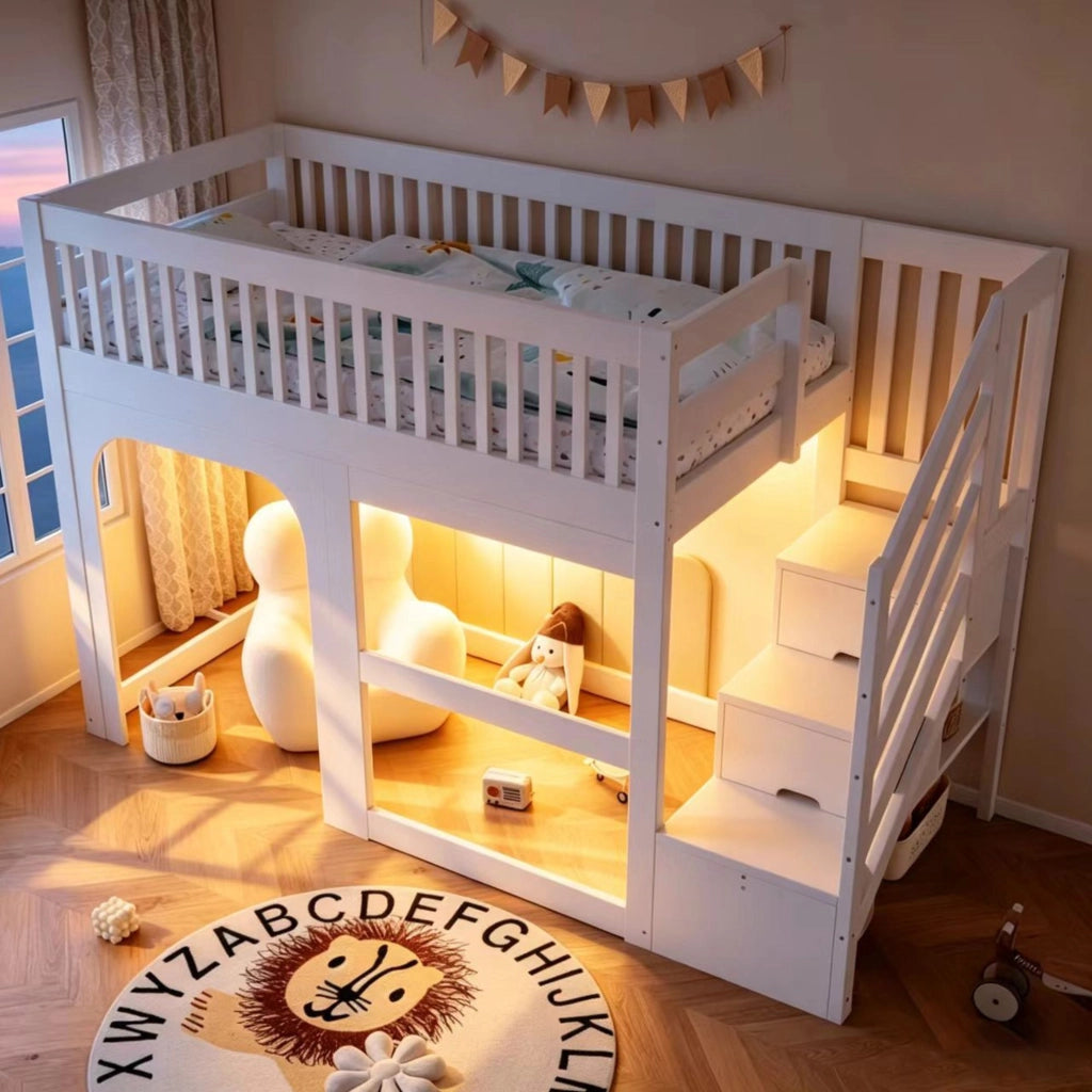 Letto a soppalco 90 x 200 cm, con ripiano portaoggetti, illuminazione a LED, sponde di sicurezza, letto per bambini, bianco