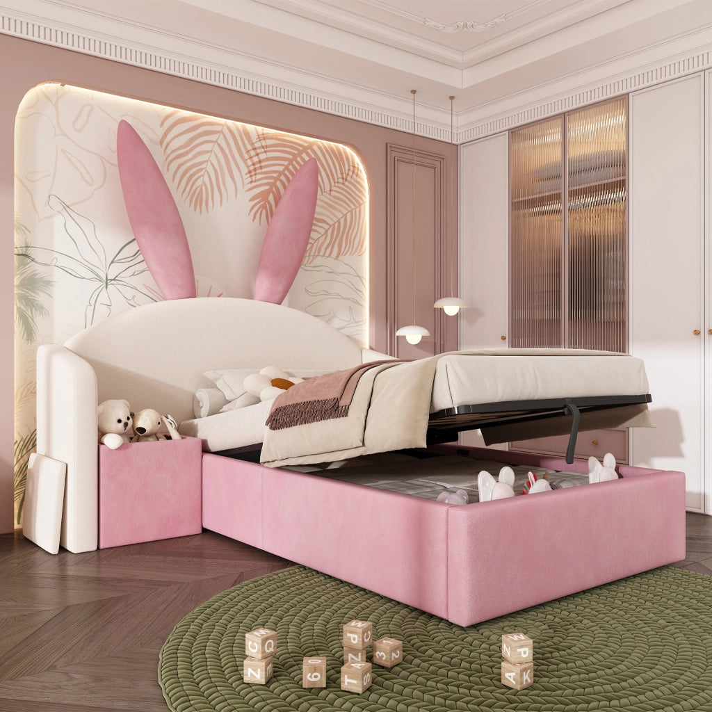 Letto imbottito con vano contenitore 90x190 cm velluto beige-rosa