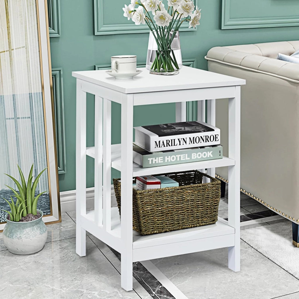 Comodino per Camera da Letto, Comodino a 3 Livelli, Tavolino da Soggiorno in Legno, Portata Totale 20 kg, 40 x 40 x 61 cm (1, Bianco)