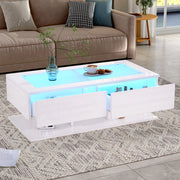 Tavolino basso con 2 cassetti e LED, piano in vetro temperato, per soggiorno, in truciolare, bianco 100 × 50 × 35 cm