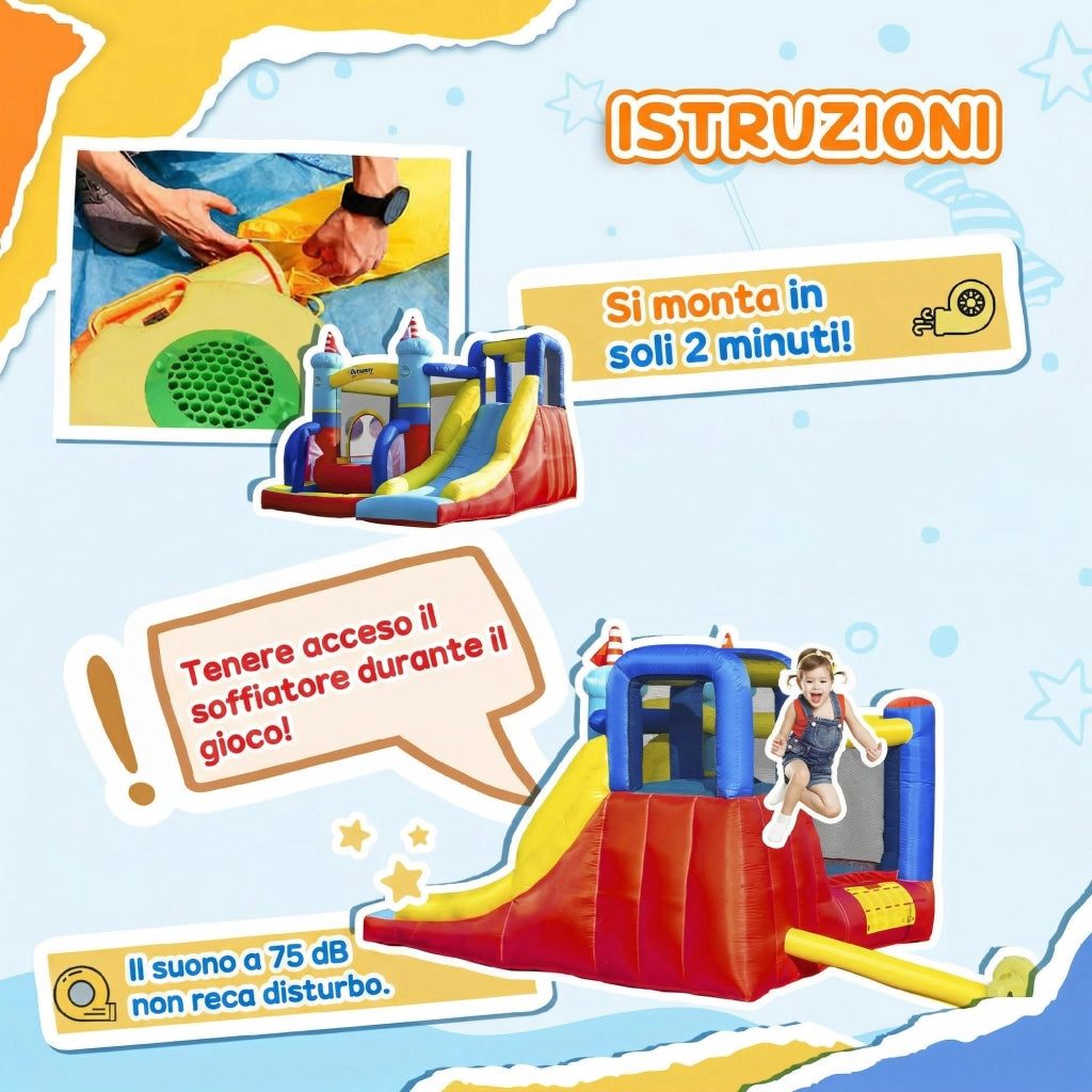 Castello Gonfiabile 4 in 1 Bimbi 3-8 Anni, Scivolo e Piscina, 265x260x200cm