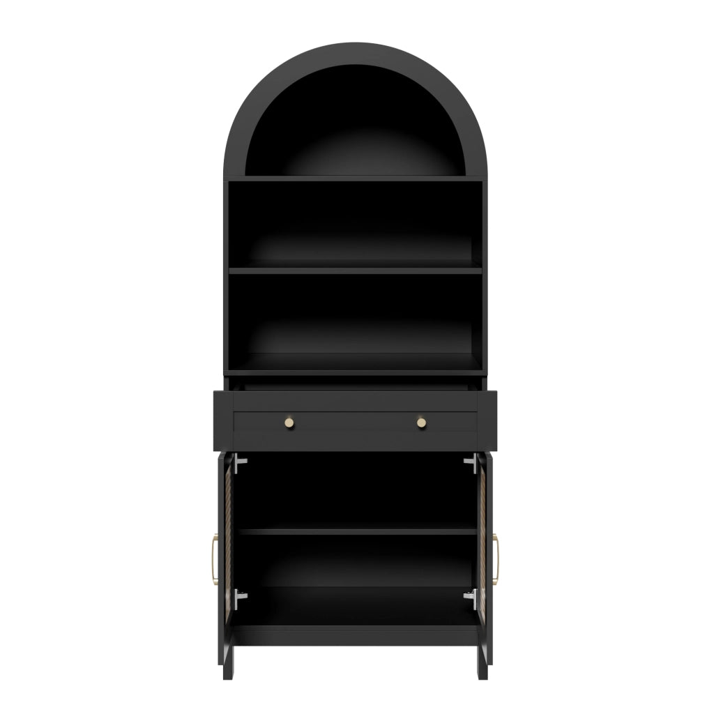 Mobile vetrina ad arco con ante in stile rattan, 170 cm, nero + effetto legno, con 3 vani a vista, 1 cassetto e 2 ante