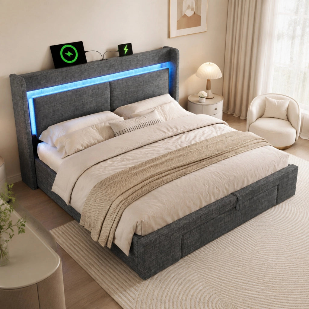 Letto imbottito 180x200 cm con contenitore idraulico, testiera con USB/USB-C, LED, grigio