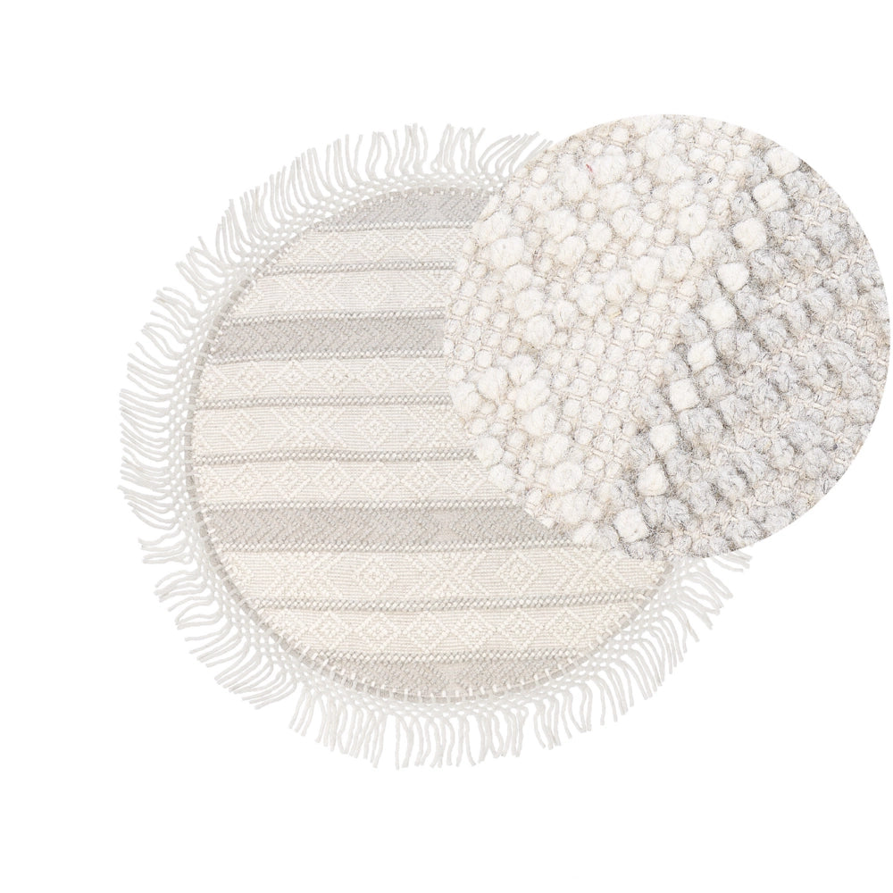 Tappeto Beige Lana Poliestere ⌀ 140 cm Tessuto a mano a trama piatta con frange Motivo geometrico