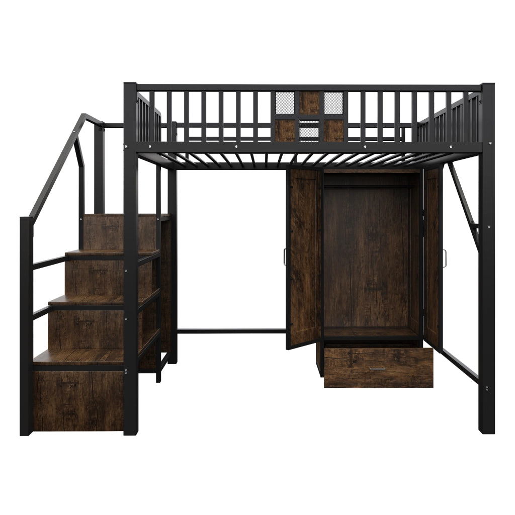 Letto a soppalco in metallo 140 x 200 cm con armadio, cassetti e scala contenitore, nero