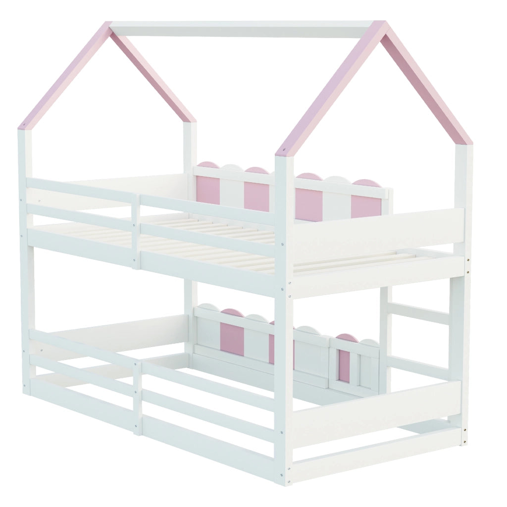 LETTO A CASTELLO a forma di casa 90x200 cm Legno Rosa/Bianco