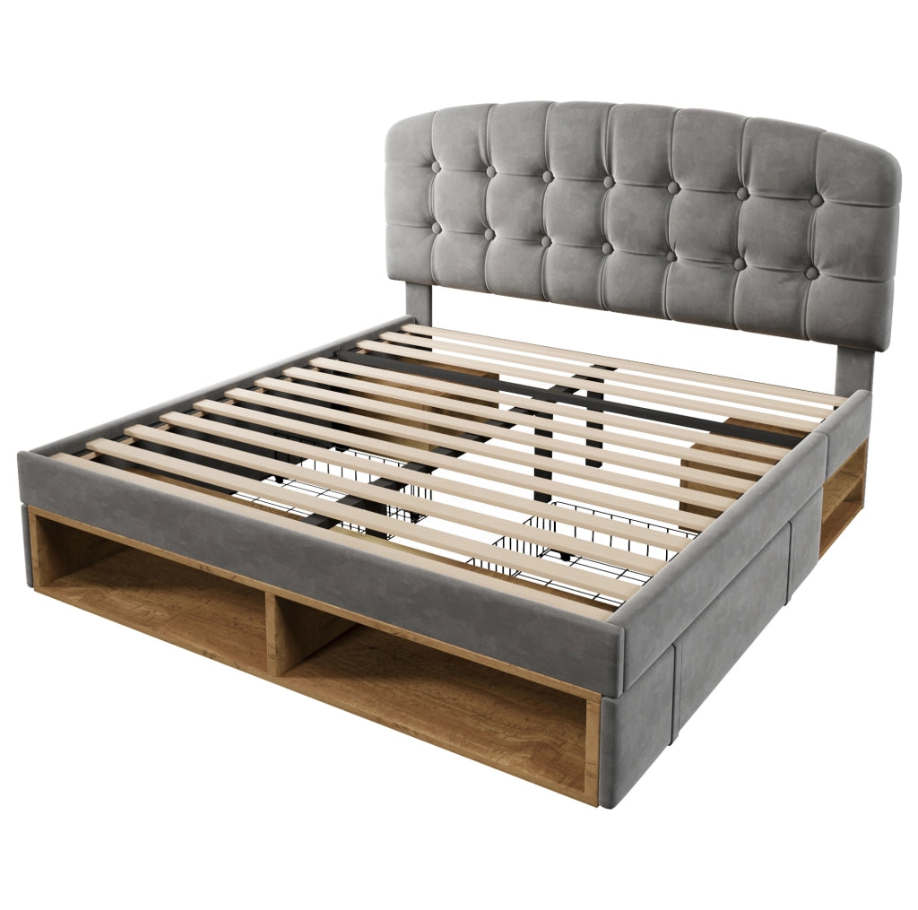 Letto imbottito 140x190 cm con testiera regolabile e cassetti; rete a doghe; velluto grigio