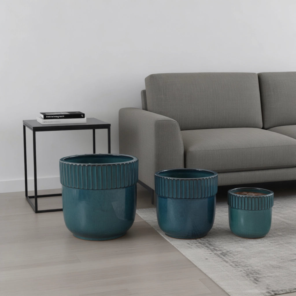 Set di 3 vasi in ceramica smaltata turchese con fori di drenaggio, Ø 38/30,5/23 cm