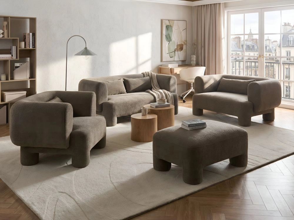Set da salotto Divano a 3 posti in tessuto marrone morbido e sinuoso Poltrona Loveseat Pouf Stile retrò minimalista