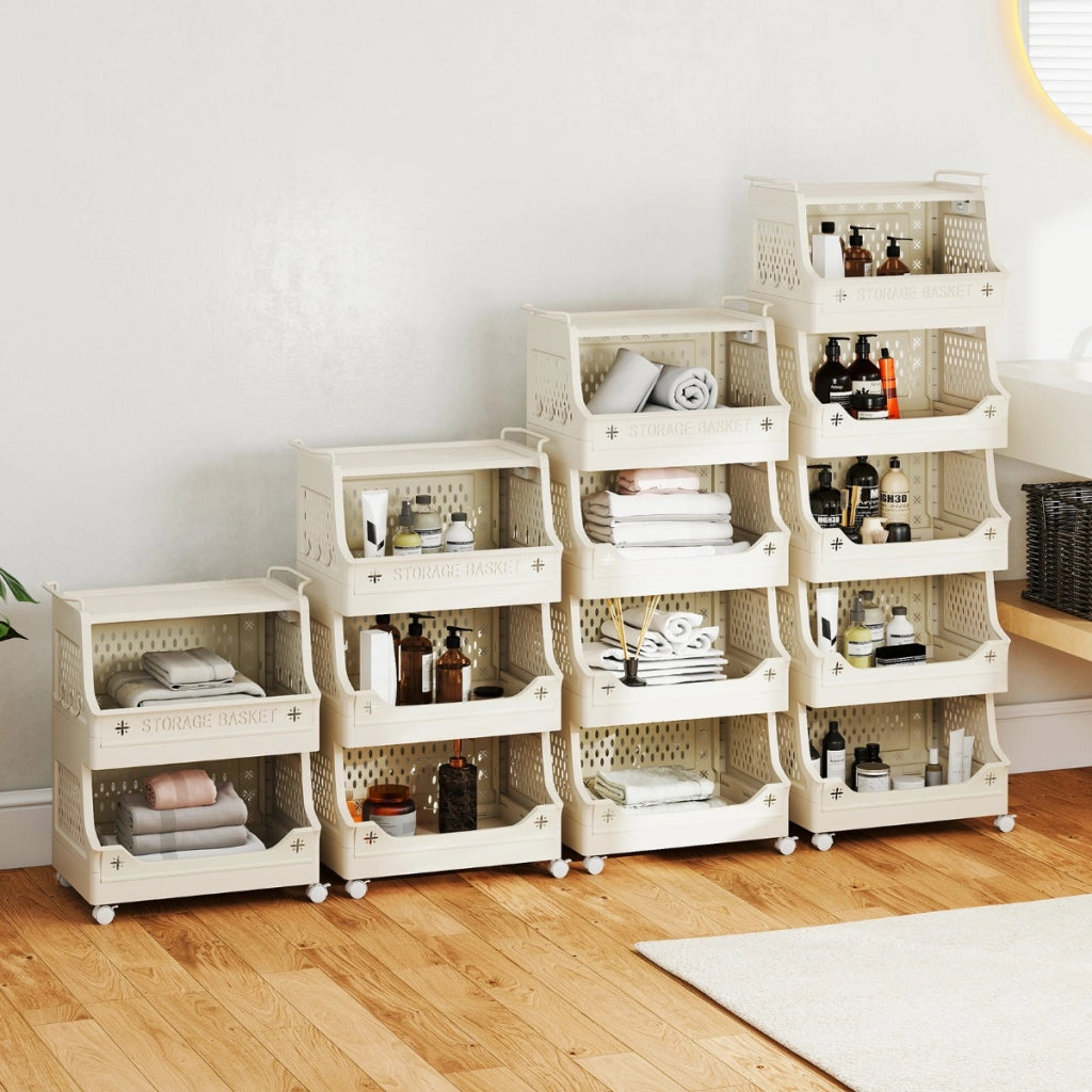 Cestino per bucato 4 piani carrello impilabile in plastica, Cestino per bucato organizzatore aperto per lavanderia Beige-Cesti del bucato