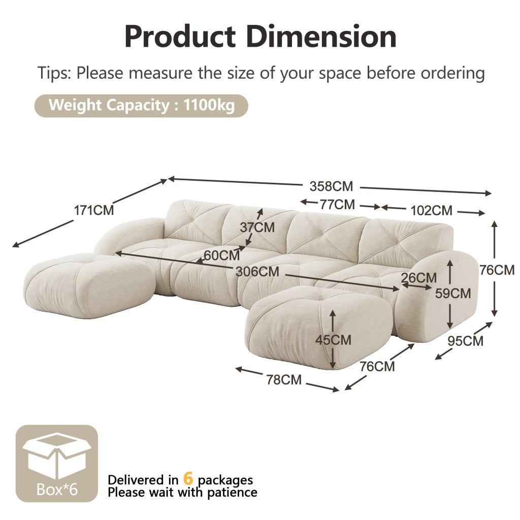 Divano modulare senza struttura in ciniglia; 4 posti; con 2 pouf; seduta in schiuma 32D; beige chiaro